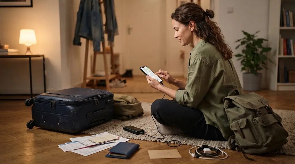 Solo female traveler testing offline maps, translation tools, emergency details, and backup power before departure