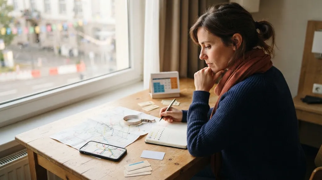 Solo woman comparing routes, dates, and bookings while planning around a local festival.