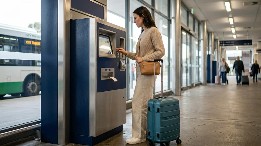 Solo female traveler examining a ticket vending machine inside a modern bus terminal.