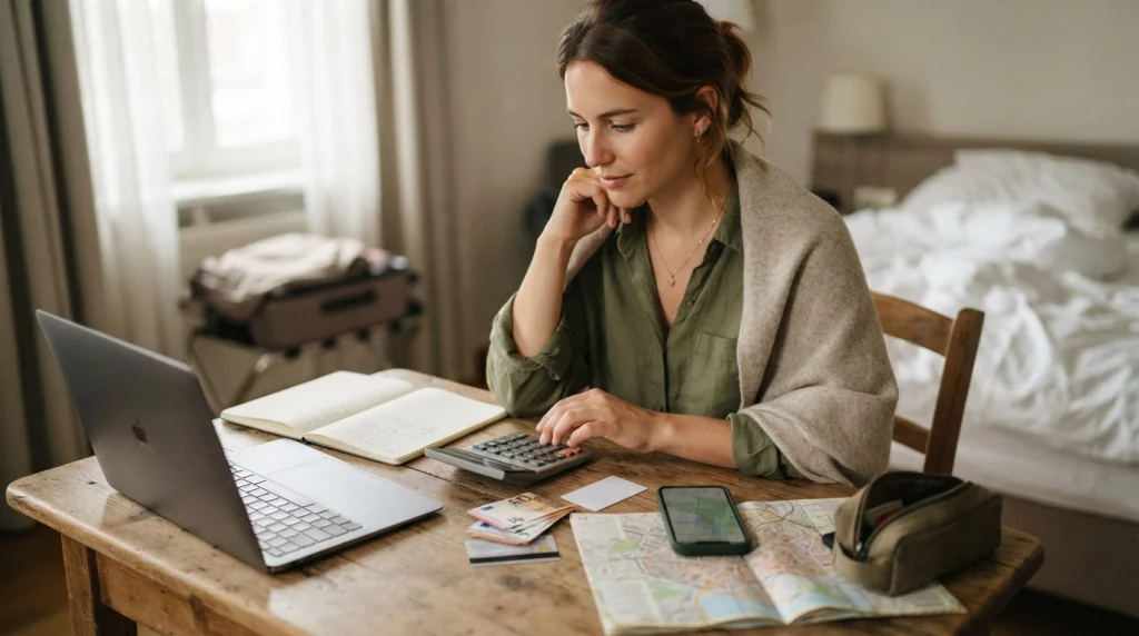 Solo female traveler calculating emergency hotel, transport, medical and daily expense funds