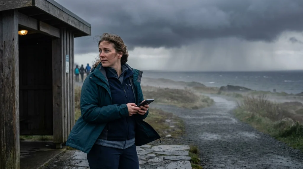 Solo woman turns back from an outdoor activity as storm conditions worsen