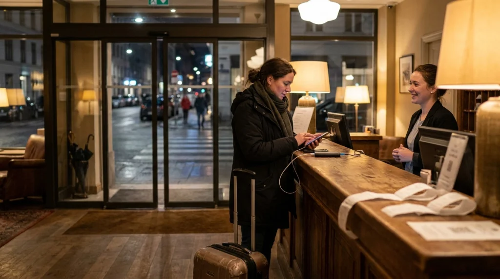 Solo female traveler staying inside a staffed venue while arranging safe nighttime transport