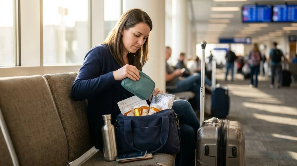Solo female traveler keeping prescription medications and documents in carry-on luggage at an airport