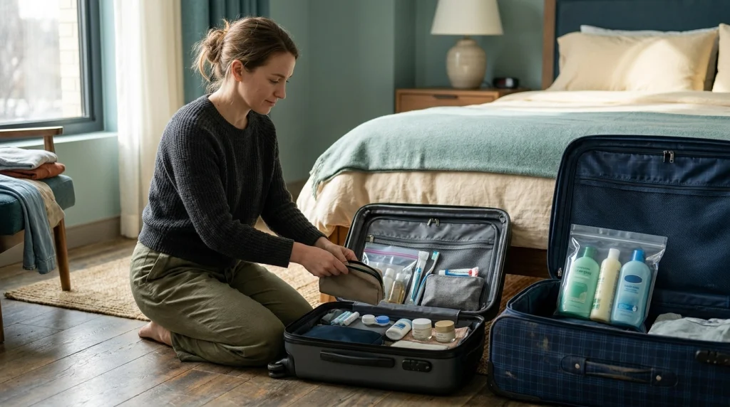Woman separating solo trip toiletries between carry-on and checked luggage.
