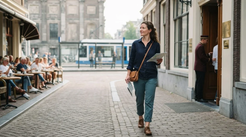 Solo female traveler walking past a café and transit stop in a walkable city-center neighborhood.