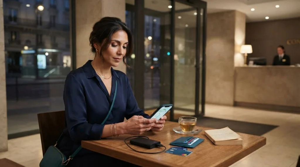 Solo female traveler changes evening plans from a staffed lobby after checking battery and transport.