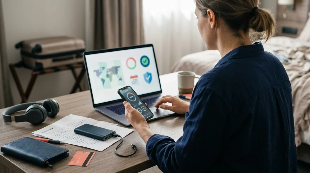Woman checking coverage and plan details before buying an eSIM for international solo travel.
