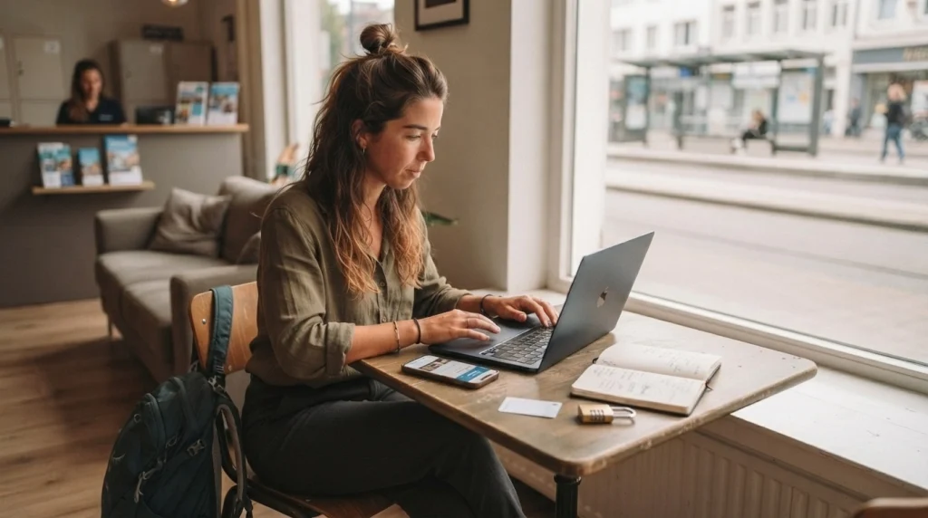 Solo female traveler checking hostel reviews, accommodation details, and security arrangements before booking.