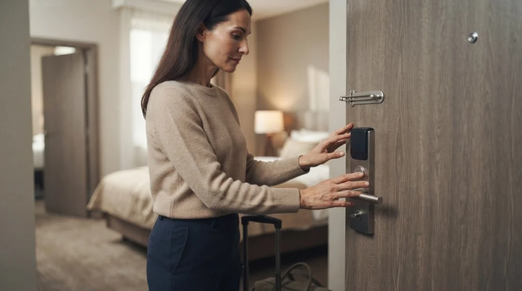 Solo female traveler testing a hotel deadbolt and secondary door latch after arrival.