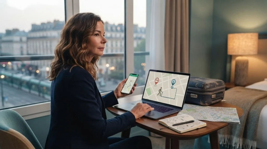 Woman reviewing a hotel location, walking route, and transit connections on a laptop before booking.