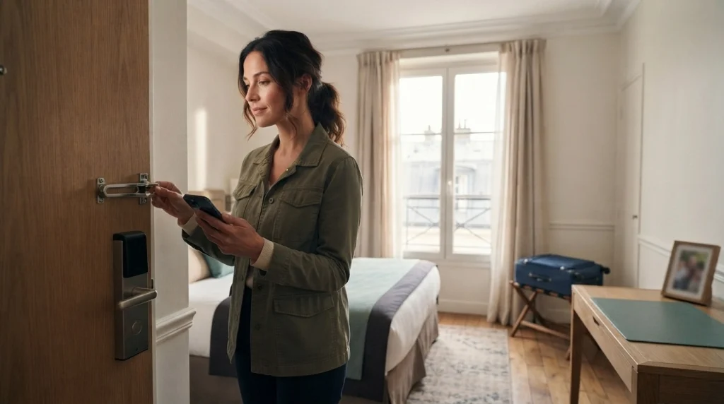 Solo female traveler testing a hotel room door latch and checking room security after arrival.