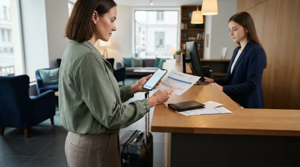 Solo female traveler showing her hotel booking confirmation to a receptionist.