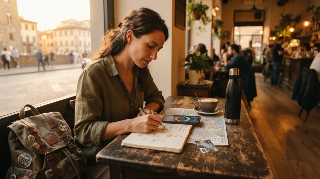 Solo woman checking sunset, twilight, and return timing while planning her travel itinerary