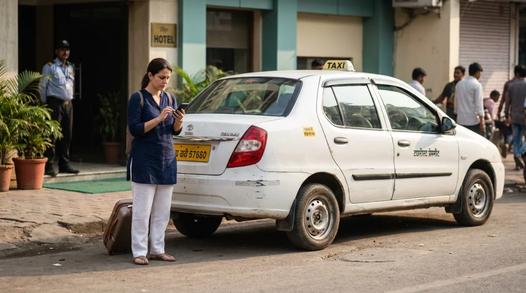 Solo woman checking a taxi registration plate and vehicle condition before boarding.