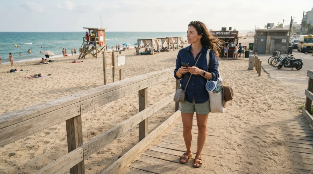 Solo female traveler checking lifeguards, facilities, transport, and beach conditions before settling in