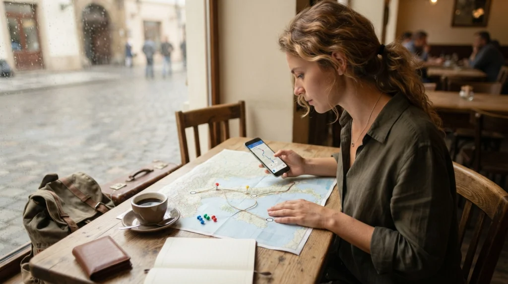 Solo female traveler comparing anchor destinations and transport routes on a map and phone.