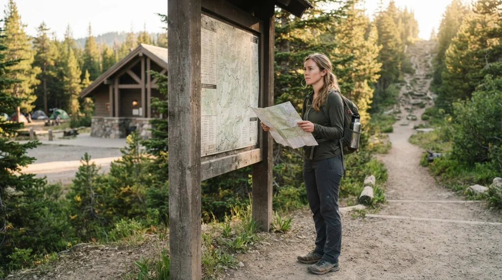 Solo woman choosing a beginner-friendly national park trail near a visitor center and marked routes.