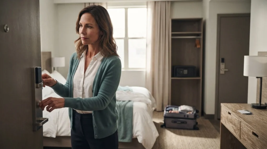 Woman inspecting a hotel door lock and room features before settling into her accommodation.