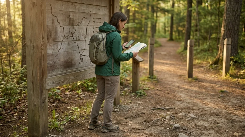 Solo female hiker reviewing a trailhead map and offline navigation before starting a forest hike.