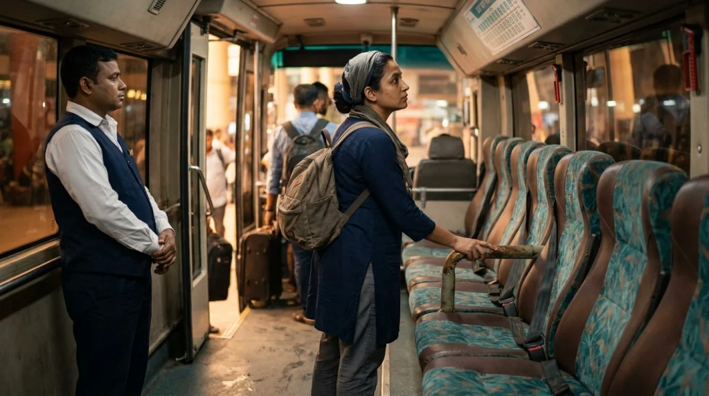 Solo South Asian woman checking seat layout and safety features on an overnight coach.