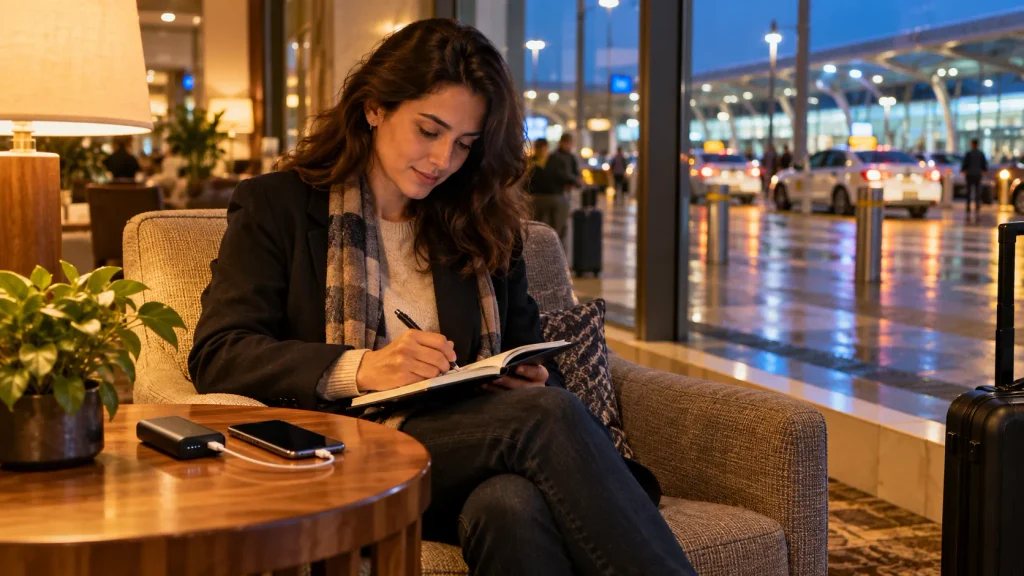Woman in hotel lobby preparing safe transportation routes and charging phone