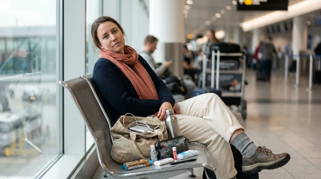 Solo woman with eye mask, scarf, water bottle, snack and power bank during a long travel day