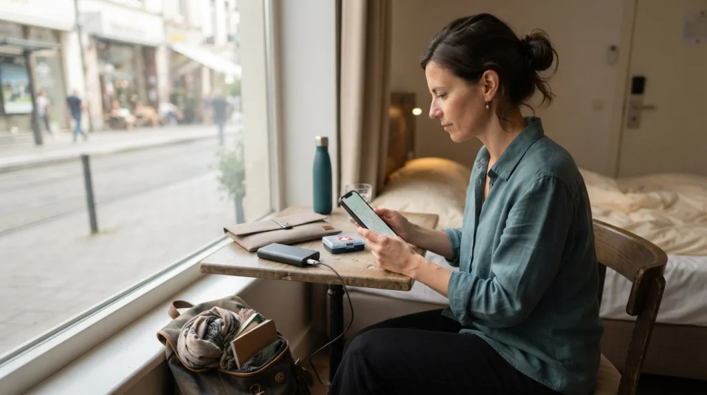 Solo woman resting safely with charged devices, documents and travel essentials organized nearby