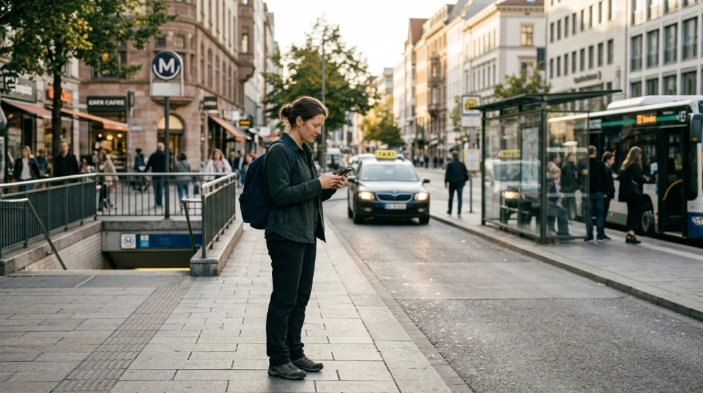 Woman comparing local bus, metro, taxi, and walking options near an urban transport interchange.
