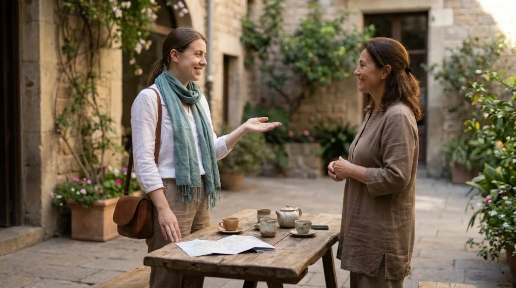 Female solo traveler politely declining a tea invitation while respecting local hospitality customs.
