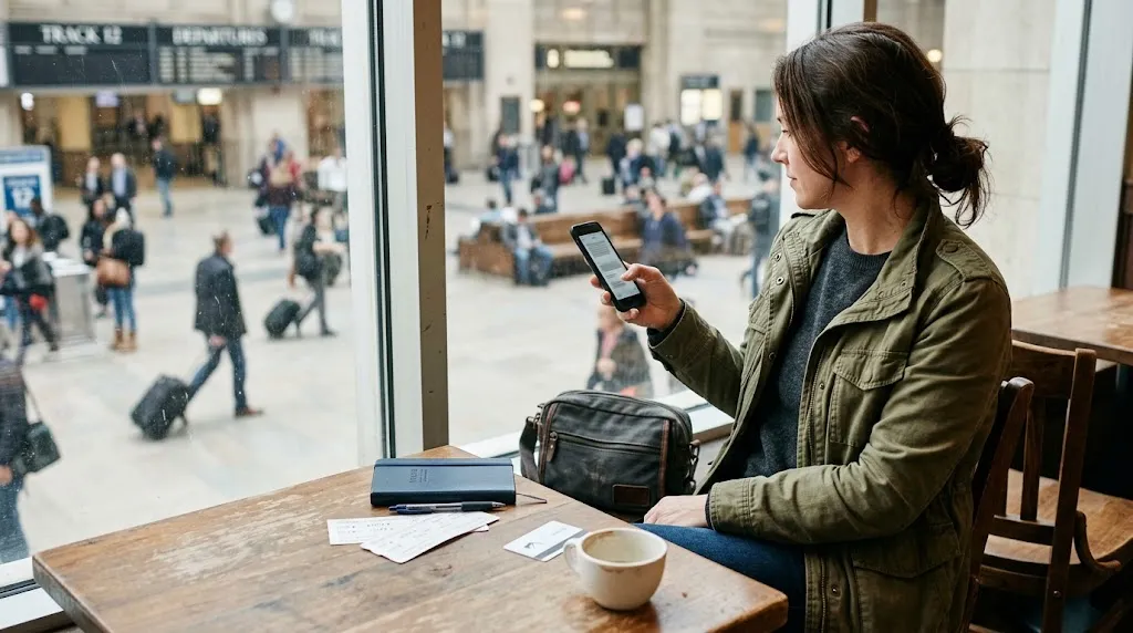 Solo woman sending an arrival check-in to a trusted contact while traveling.