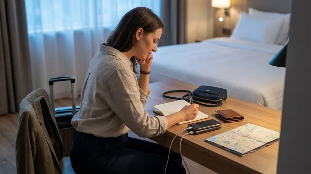 Woman reviewing her solo travel safety checklist with phone, map, and belongings in a hotel.