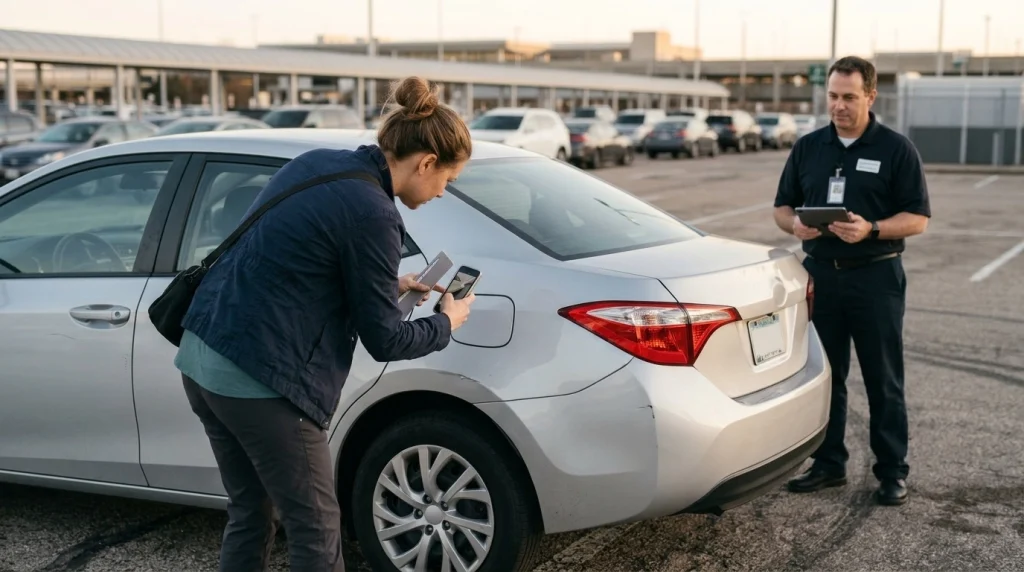 Solo female traveler photographing existing rental car damage while an employee checks the condition report.