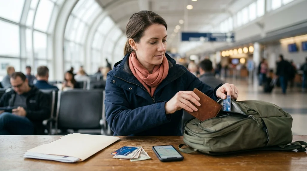 Solo female traveler organizing passport, cards and cash securely inside her personal item