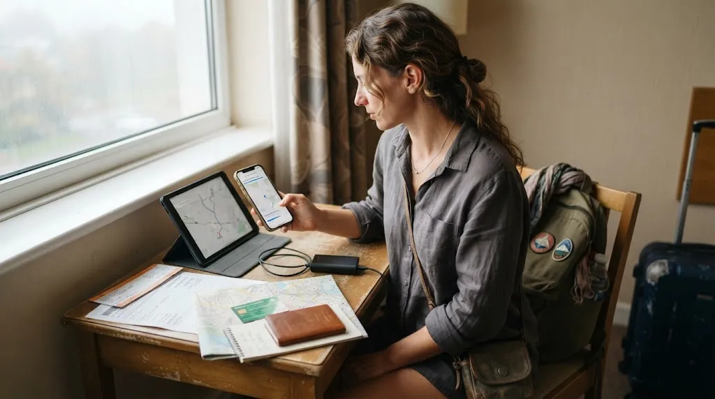 Solo female traveler downloading offline maps and saving trip details before losing signal