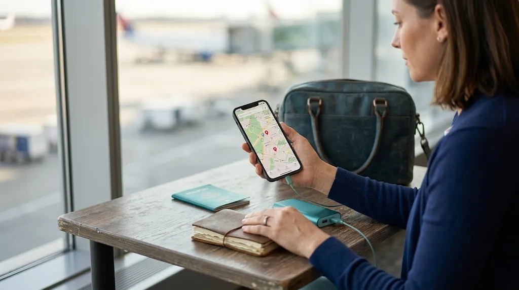 Woman selecting a Google Maps offline area before traveling alone.