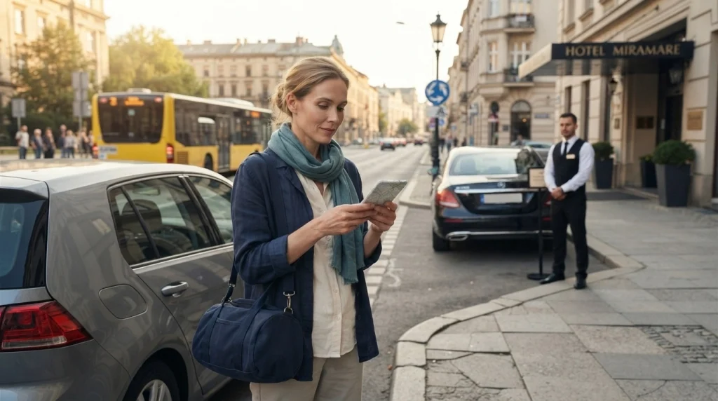 Solo female traveler comparing a rental car, local driver, and public transport options abroad.