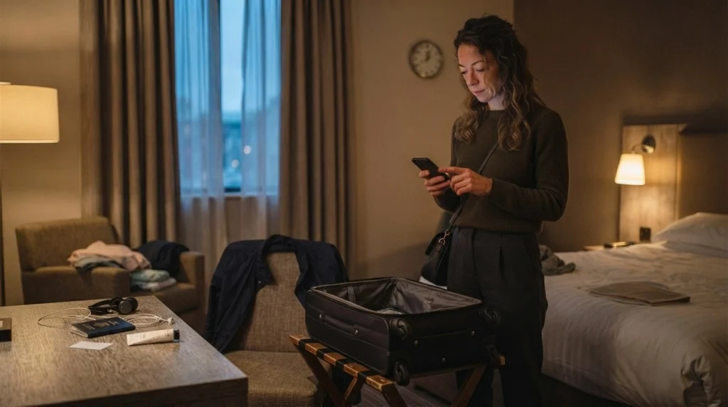 Woman checking her travel essentials and suitcase before early hotel checkout.