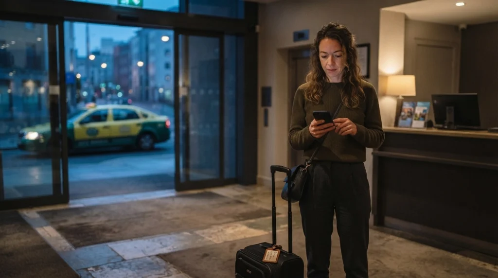 Solo female traveler with suitcase checking her phone in a hotel lobby before sunrise.