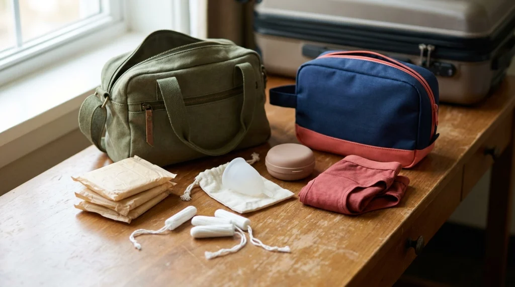 Pads, tampons, cup, disc and period underwear arranged for a solo travel packing comparison