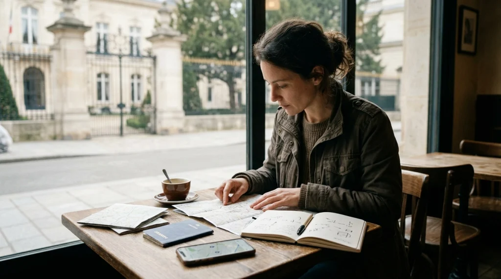 Solo woman comparing embassy and consulate locations before international travel.