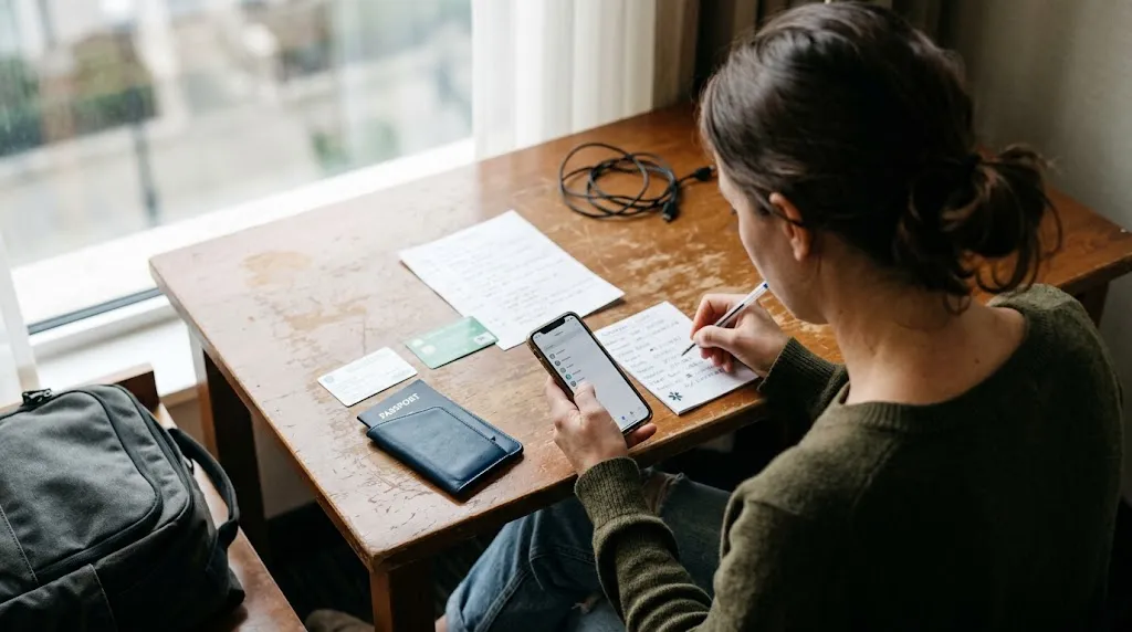Woman organizing emergency contact information, insurance, accommodation and itinerary before travel.