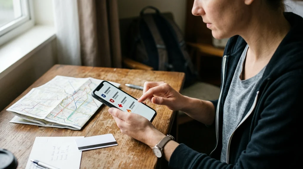Solo female traveler saving police, ambulance, and fire emergency contacts on her phone