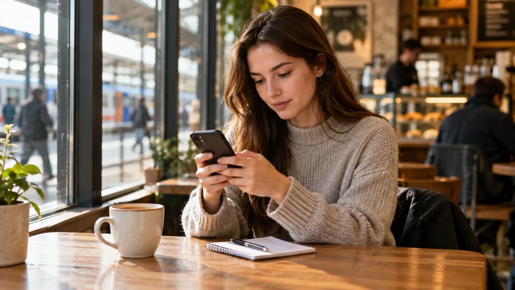 Woman in a quiet café using her phone to lock cards and consulting emergency contact notes.