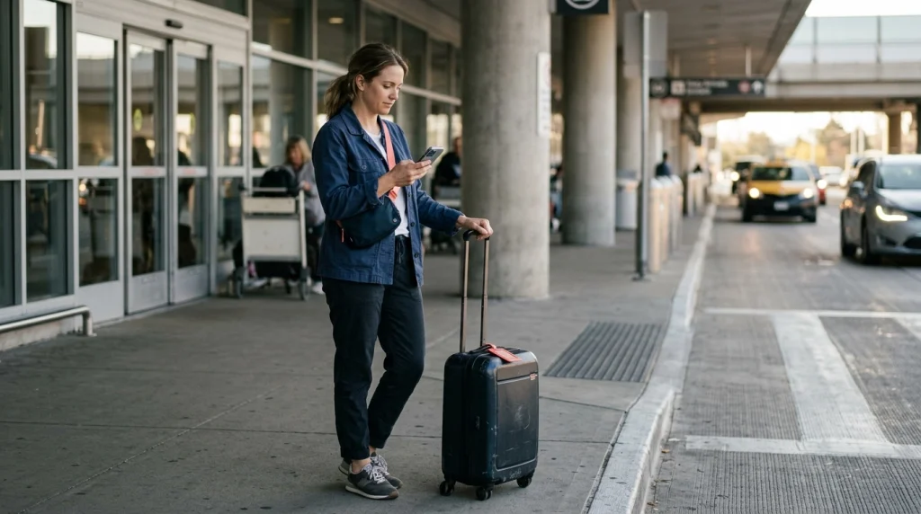 Solo woman using an eSIM for international solo travel after arriving at an airport.