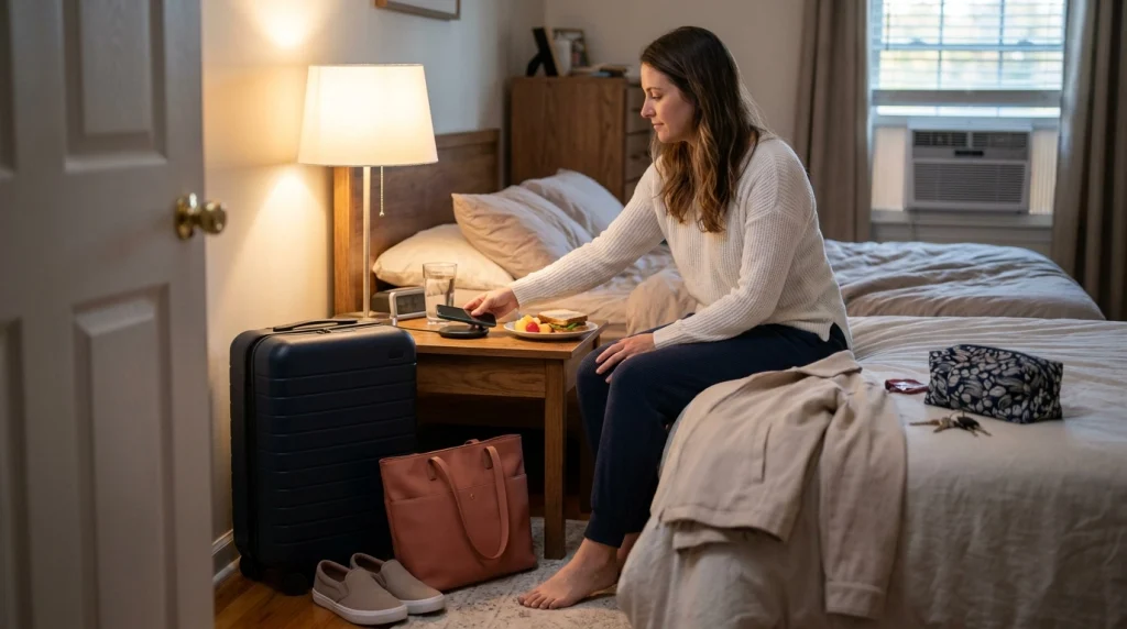 Woman charging her phone and organizing bags the evening before flying alone