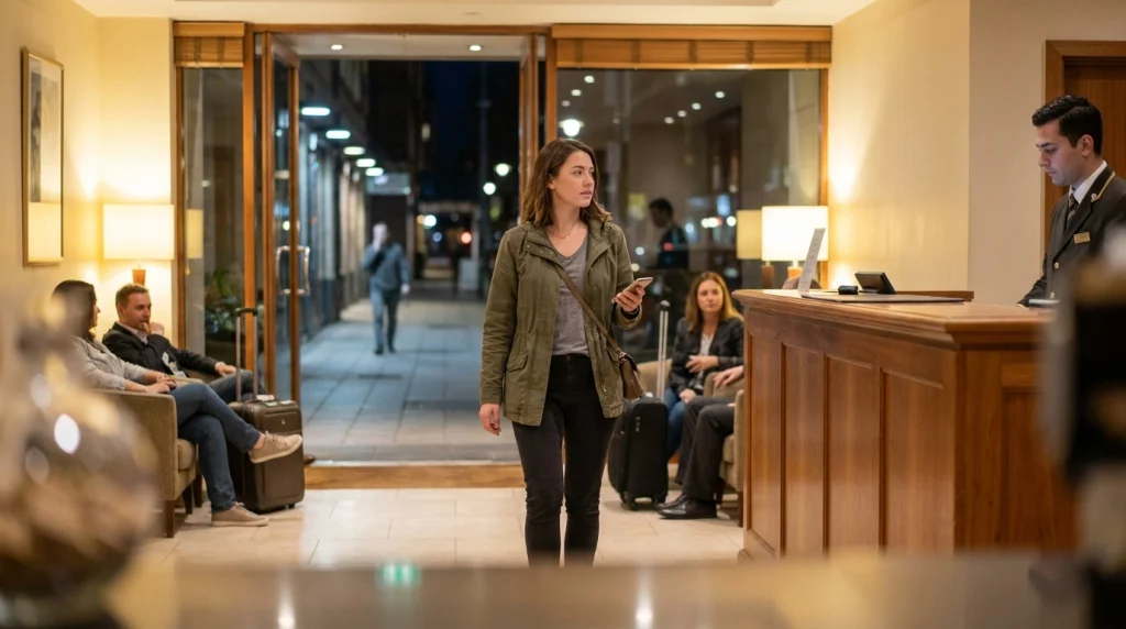 Solo female traveler enters a staffed hotel after feeling unsafe while walking at night