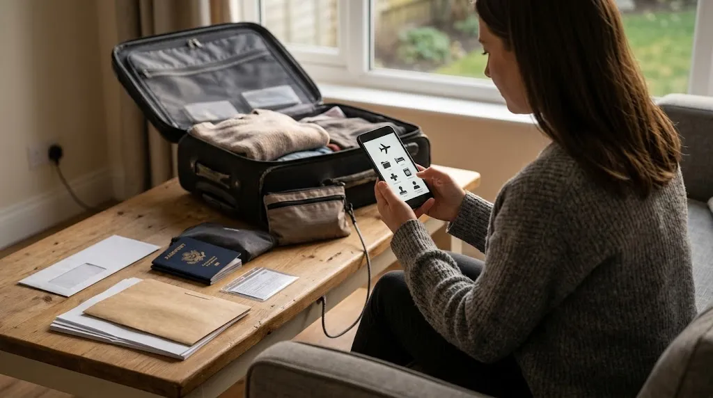 Woman testing offline travel documents and checking passport, insurance, medication, and bookings before departure.