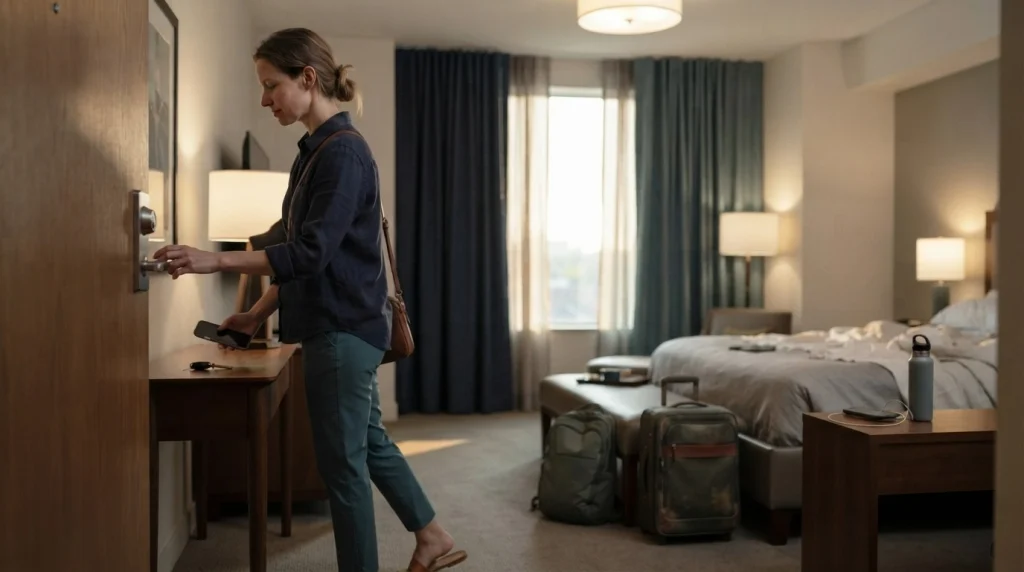 Solo female traveler checking the apartment lock and arranging her essentials after arrival.