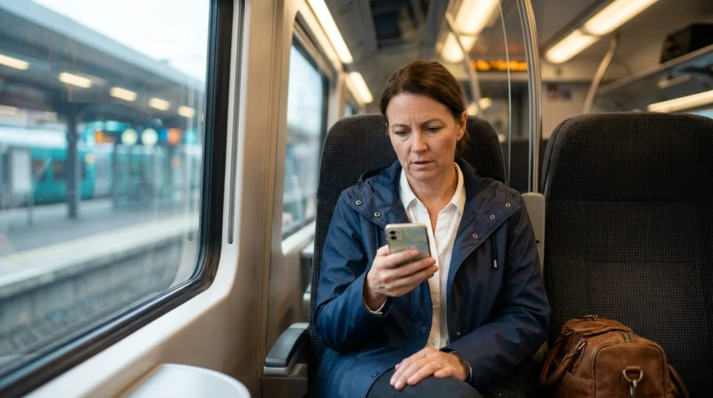 Woman calmly checks her smartphone while seated alone on a passenger train.