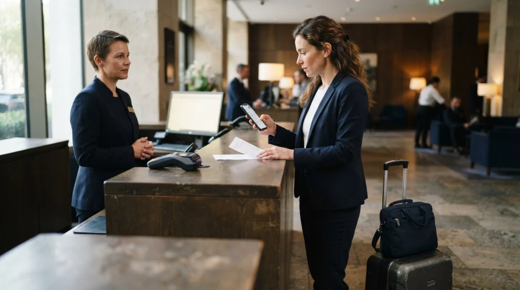 Solo female traveler checking her hotel booking with a manager at reception.